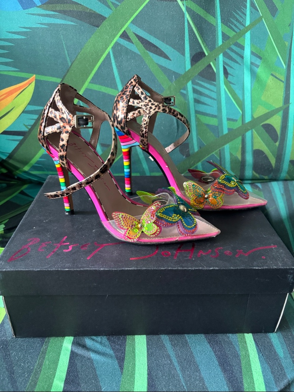 Betsey Johnson Leopard Print Strappy Heels with Rainbow Stripe Heel - Picture 12 of 15